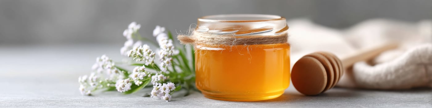 Natural honey in a jar with flowers and a wooden dipper on a light surface photo