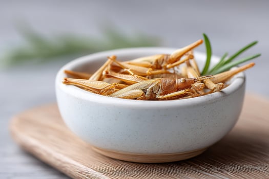 Crispy fried grasshoppers served in a small bowl against light wood background photo