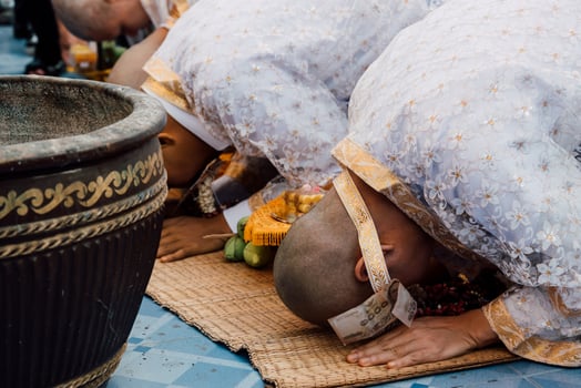 Thai monks pray at the temple photo