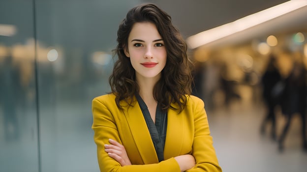 Confident businesswoman smiling with crossed arms in modern office building photo