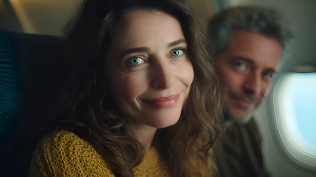 Happy woman smiling during flight with husband on airplane photo