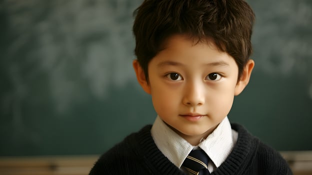 Elementary school student posing in front of chalkboard photo