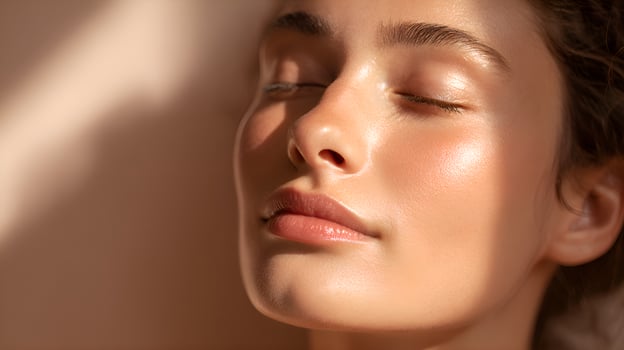 Beautiful woman with perfect skin enjoying sunlight, close up portrait photo