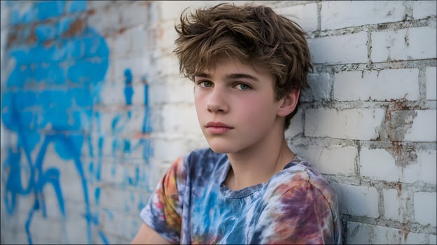 Teenage boy leaning against graffitied brick wall photo