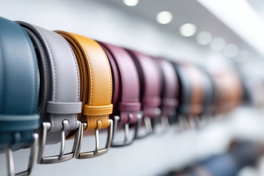 Stylish belts displayed in a bright room with colorful organization for engaging shopping experience photo
