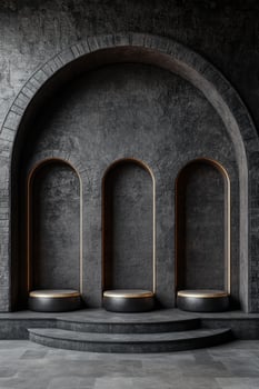 Elegant display podium set against a dark textured background, featuring three distinct and uniquely designed pedestals, emphasizing sophisticated minimalism and modern design photo