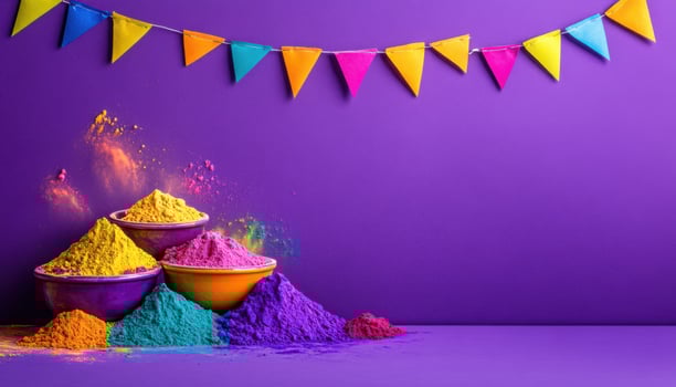 Colorful holi powder fills bowls beneath festive bunting flags over purple background photo