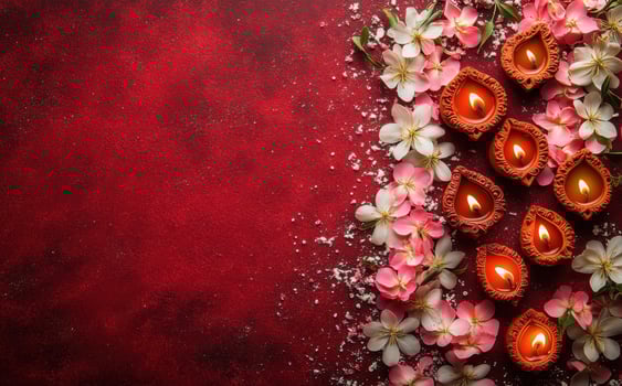 Burning diya lamps and pinkish white blossoms decorate a dark red surface to create a festive scene photo