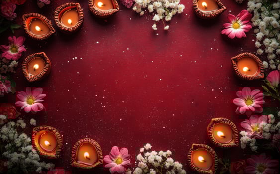 Lit diyas and pastel flowers are arranged on a dark red background for celebration photo