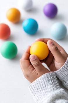 Colorful balls in hands of a child with playful setting and ample copy space for creative design photo