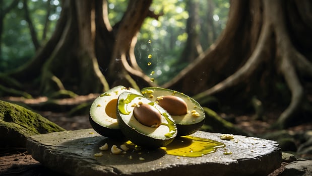 Sliced Avocados on Stone Plate with Olive Oil in Forest Scene photo
