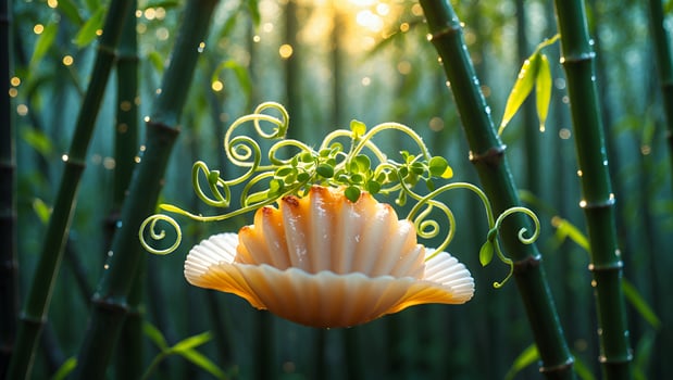 Scallop Shell with Plant and Bamboo Forest Background at Sunrise photo