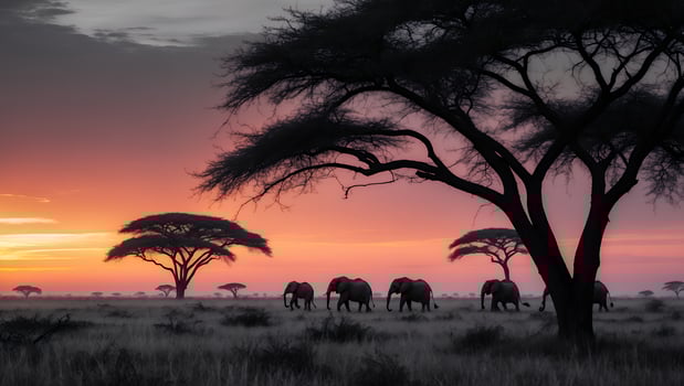 Elephants Walking Across African Savanna at Dramatic Sunset Under Trees photo
