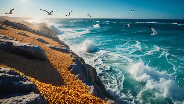 Seagulls Flying Over Waves Crashing on Rocky Shore with Golden Terrain photo