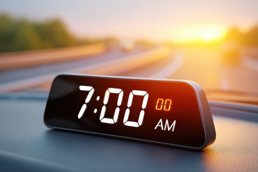 Digital clock showing 7 am on car dashboard at sunrise photo