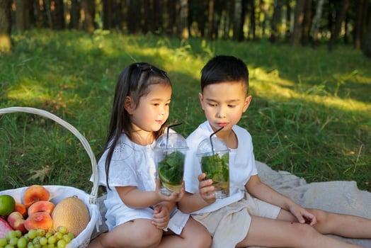 Happy Children Enjoying Healthy Drinks and Picnic Outdoors, Siblings with Fresh Fruit in Summer Nature photo