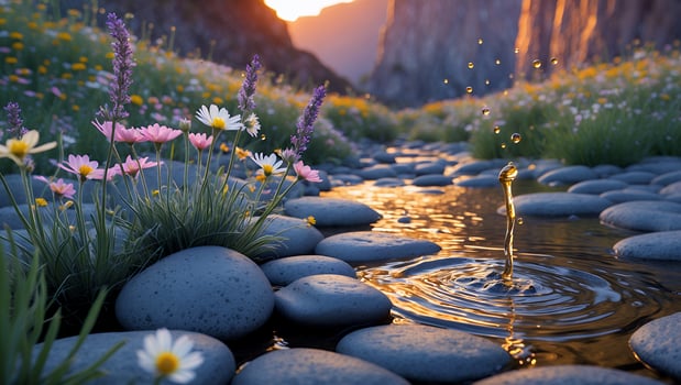 Water Droplet in Mountain Stream with Flowers and Sunset Scene photo