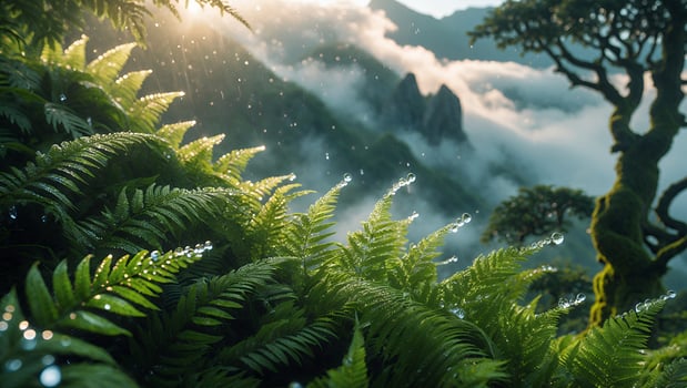 Ferns in Misty Mountain Landscape with Sunlight and Water Droplets photo