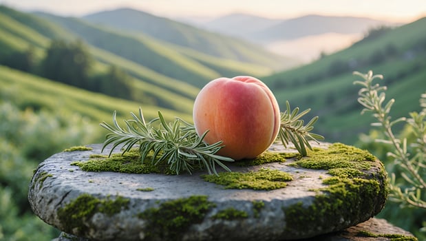 Peach and Rosemary on Mossy Stone with Rolling Green Hillside photo