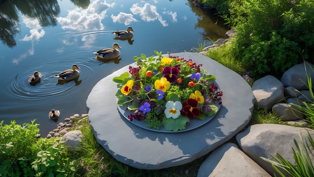 Ducks Swimming on Pond Near Stone Table with Colorful Flowers photo