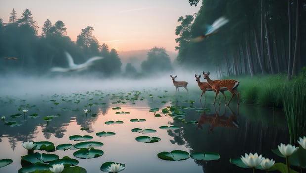 Deer Standing in Misty Lake with Lily Pads at Sunrise photo
