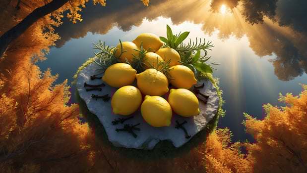 Fresh Lemons with Rosemary on Stone Slab Near Reflective Water photo