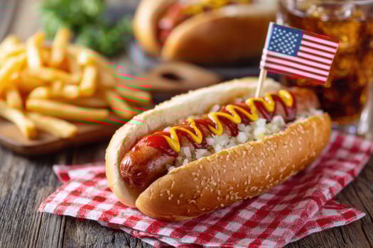 Celebrating Independence Day with classic american hot dog, french fries and soda photo