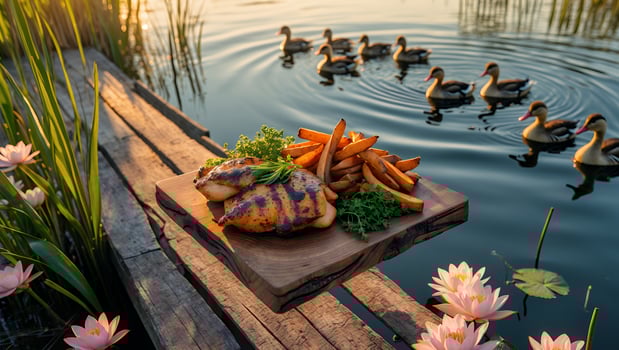 Grilled Chicken and Fries on Dock with Ducks in Water Scenery photo
