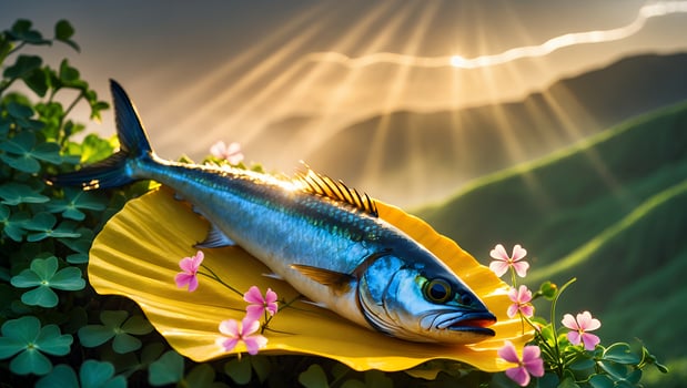 Fresh Fish Lying on Yellow Leaf with Flowers Against Mountain Backdrop photo