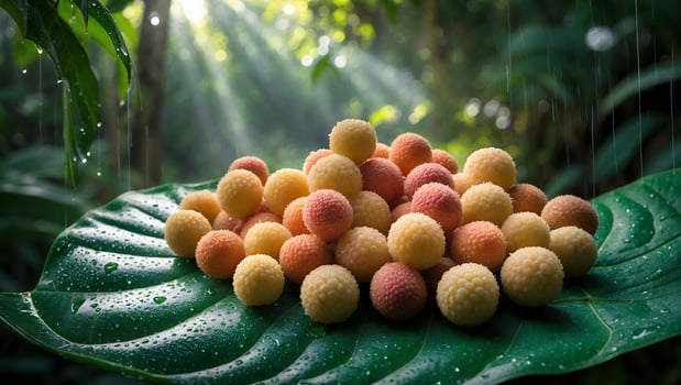 Pile of Lychee Fruit on Large Leaf in Rainy Rainforest Setting photo