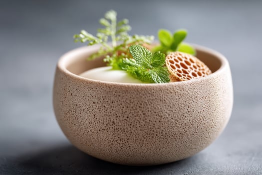 Delightful Teowing dish presented in a rustic bowl with fresh herbs and an appealing spongy texture photo