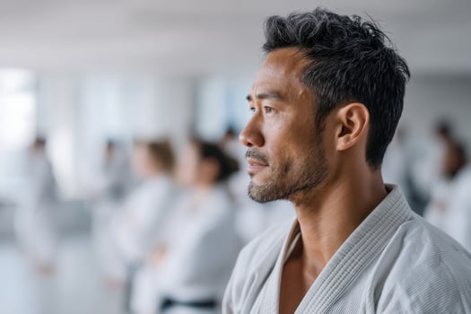 Young Asian man shows uncertainty during self-defense class in vibrant dojo environment photo