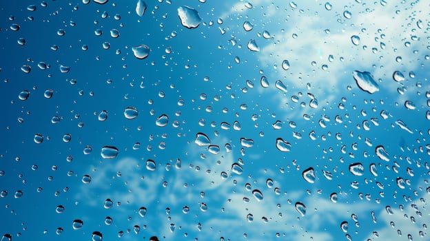 Water droplets on glass, blue sky background, macro style, serene design, high detail. Art captures natural clarity. photo