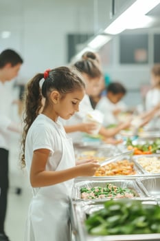 Young Hispanic girl learns about healthy food choices for gallbladder health at school event photo