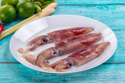 Three squid on a white plate with lime and other ingredients photo