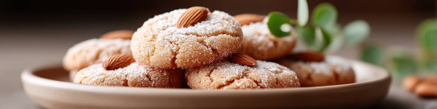 Enjoying delicious Moroccan ghriba cookies with almonds on a beautiful plate photo