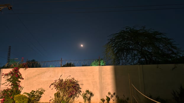A wall with a fence and a street light photo