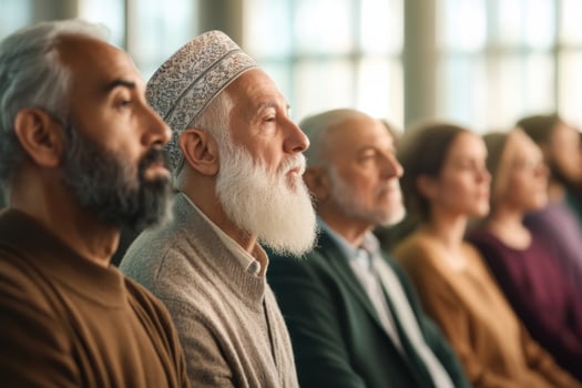 Diverse religious leaders engaging in meaningful interfaith dialogue in a community hall setting photo