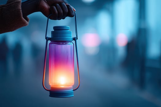 Colorful lantern illuminating a night walk highlighting fear and wonder photo