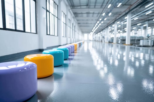 Vibrant interior of a plastic products manufacturing facility showcasing colorful seating elements photo