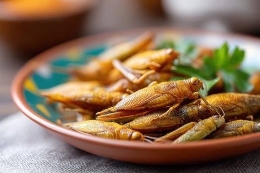 Fried crickets presented with spices on a colorful plate for a unique culinary experience photo