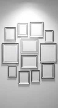 A wall with several empty frames on it photo