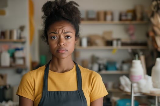 Young black entrepreneur experiences business interruption and worries about future during challenging times photo