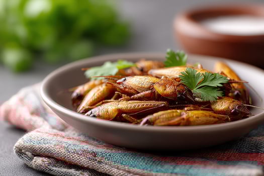 Fried crickets garnished with spices served on a colorful plate for a unique culinary experience photo