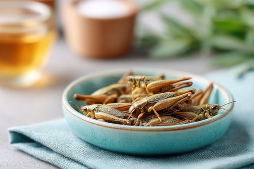 Fried crickets garnished with spices served in a colorful bowl photo