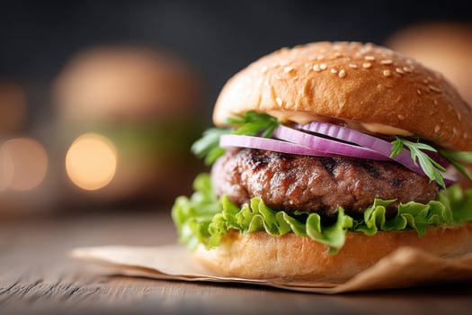 Enjoying a delicious bison burger topped with fresh vegetables on a rustic wooden table photo