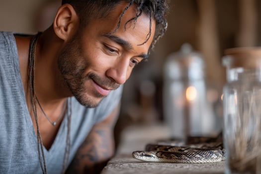 Enchanting snakes with a charismatic charmer in a vibrant setting photo