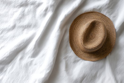 Simple Straw Hat Resting on White Fabric photo