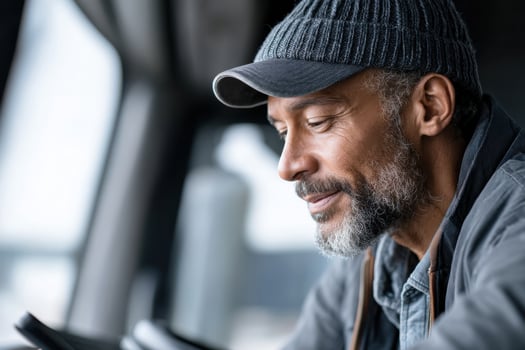 Experienced truck driver confidently navigating routes with GPS system during daylight hours photo