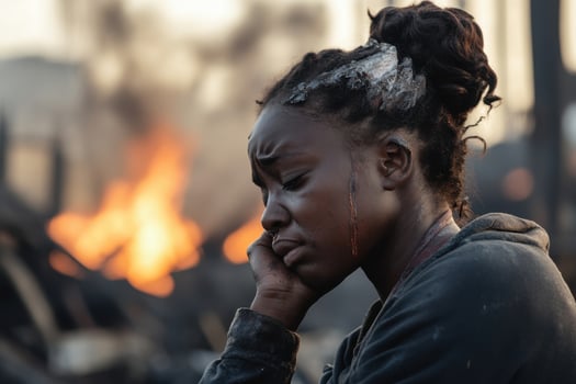 Devastated young woman stands in aftermath of factory fire surrounded by destruction and smoke photo